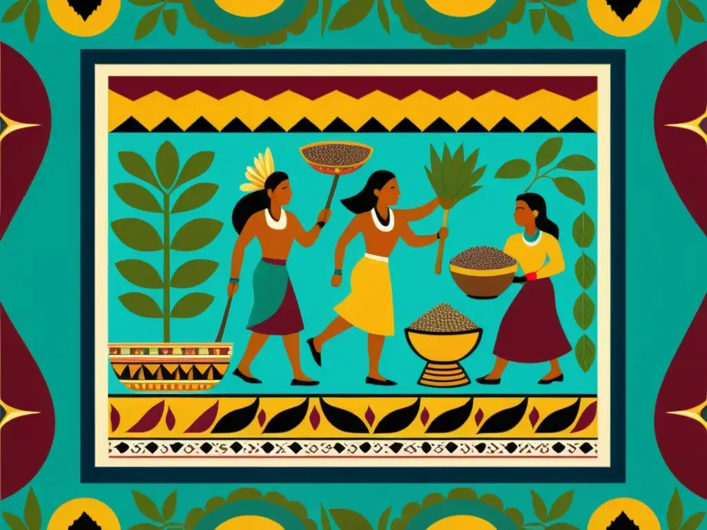 Una ilustración vibrante de antiguas civilizaciones mayas y aztecas cosechando y consumiendo superalimentos como semillas de chía, cacao y quinua