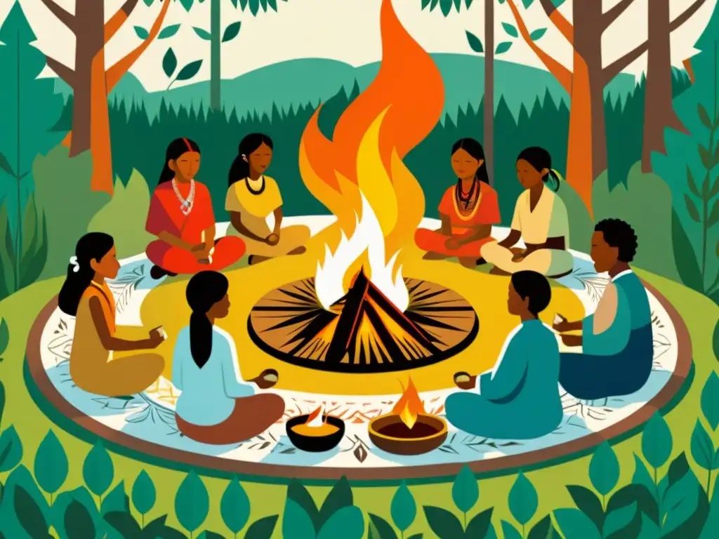 Una ilustración vibrante de una ceremonia de medicina ancestral en la selva, con curanderos e pacientes reunidos alrededor de un fuego central