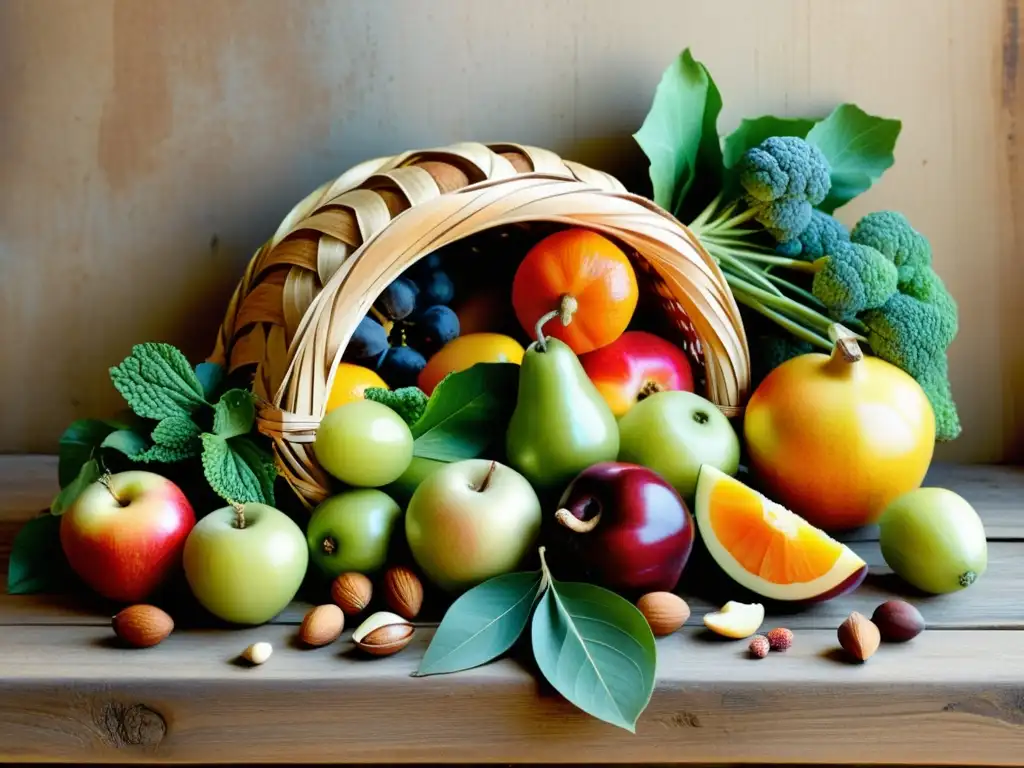 Una ilustración vintage vibrante de una cornucopia rebosante de frutas, verduras, nueces y granos, con un fondo rústico