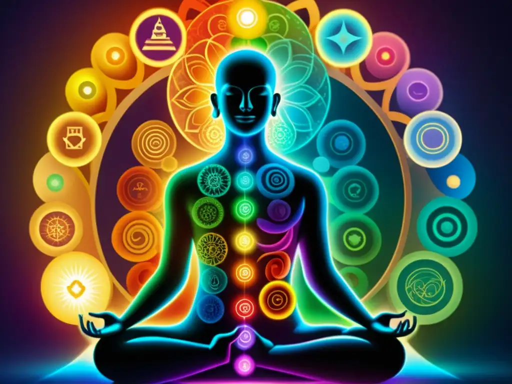 Una ilustración vibrante del cuerpo humano con los siete chakras alineados a lo largo de la columna vertebral, emitiendo energía y colores únicos