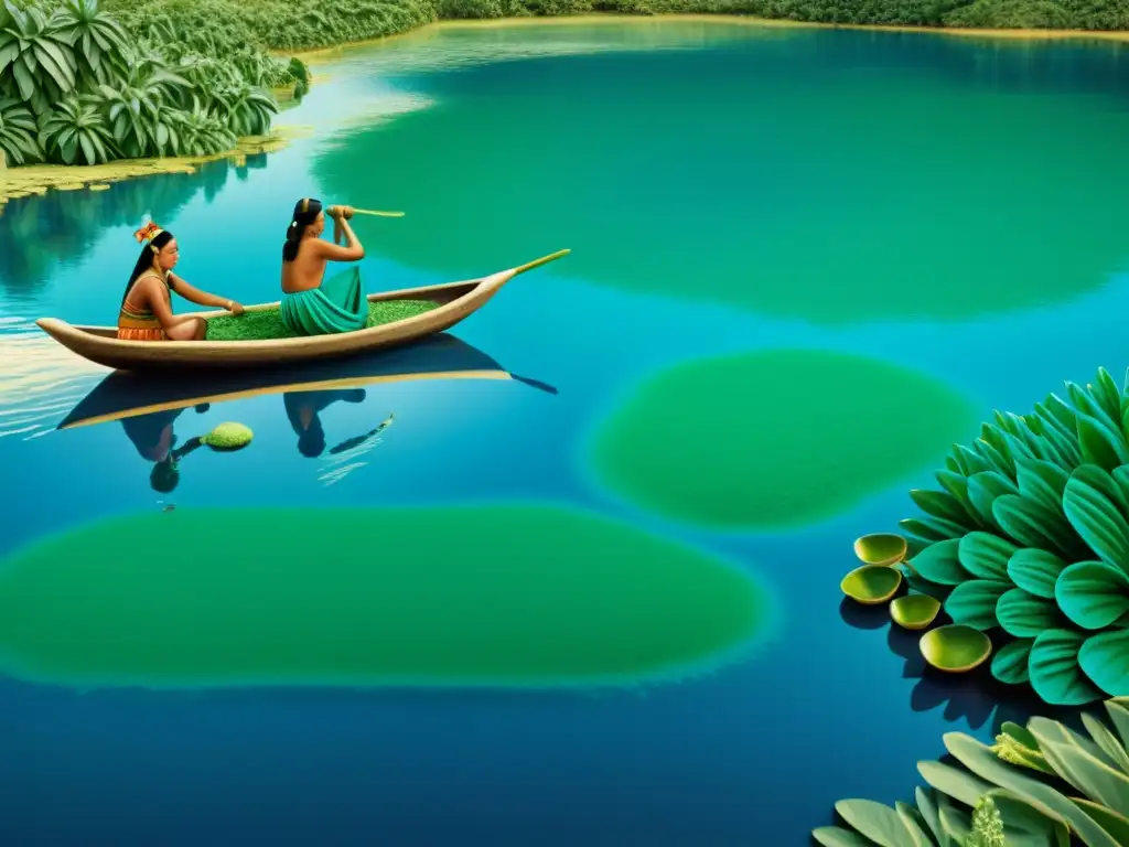 Un vibrante dibujo vintage de personas aztecas cosechando y consumiendo espirulina en un lago azul brillante