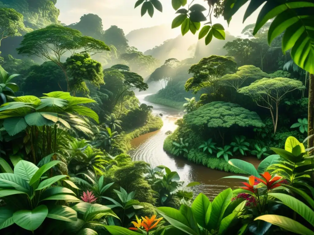 Vibrante escena de la selva amazónica con plantas medicinales y el impacto global