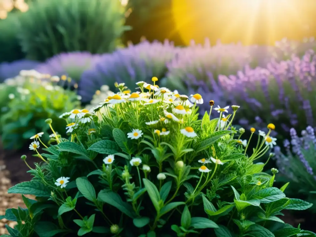 Un jardín herbal vibrante y exuberante bañado en luz dorada, con plantas de lavanda, manzanilla y menta