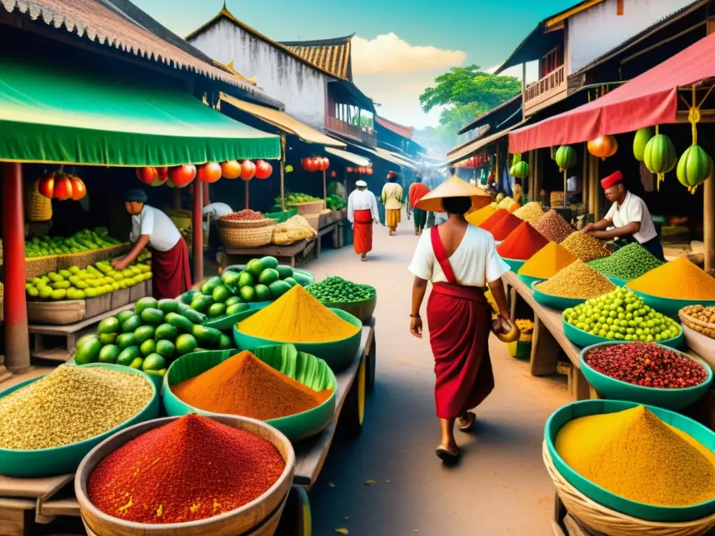 Vibrante ilustración histórica de un mercado en Asia, con la controversia Garcinia Cambogia y su significado cultural en la región