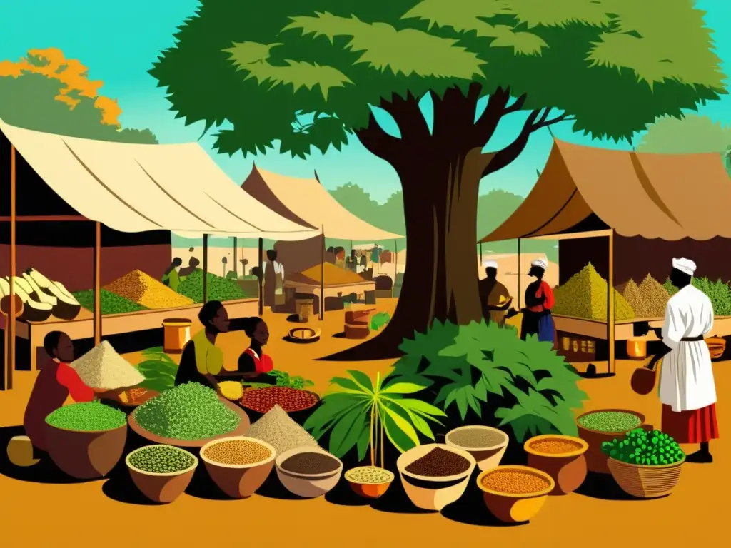 Vibrante mercado africano con árboles medicinales en la farmacopea africana, evocando la riqueza cultural y la historia de la medicina tradicional