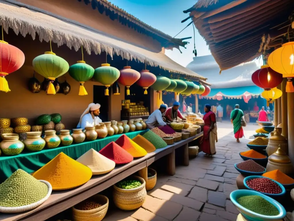 Vibrante mercado antiguo en rutas comerciales, con especias, medicina tradicional y cultura diversa en escena soleada y colorida