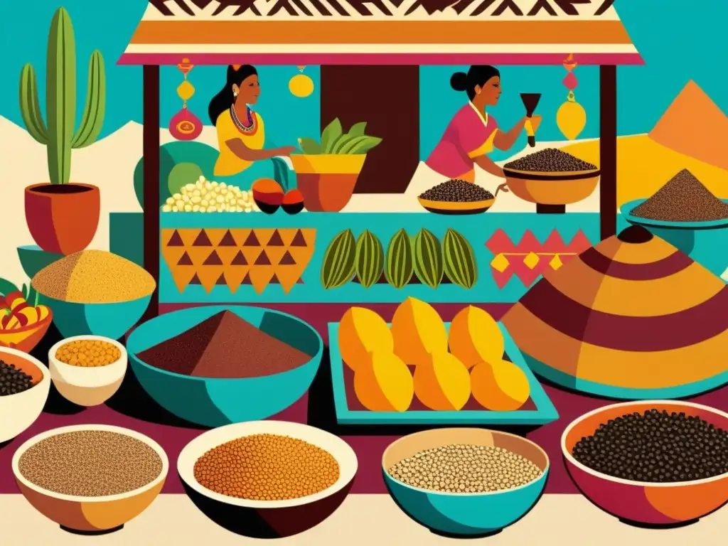 Vibrante ilustración de un mercado azteca con superfoods, celebrando la rica historia nutricional de la civilización