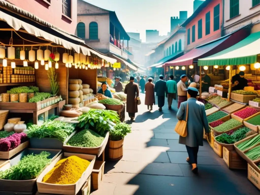 Vibrante mercado de medicina tradicional en ciudad bulliciosa, integración de prácticas naturales y desarrollo sostenible