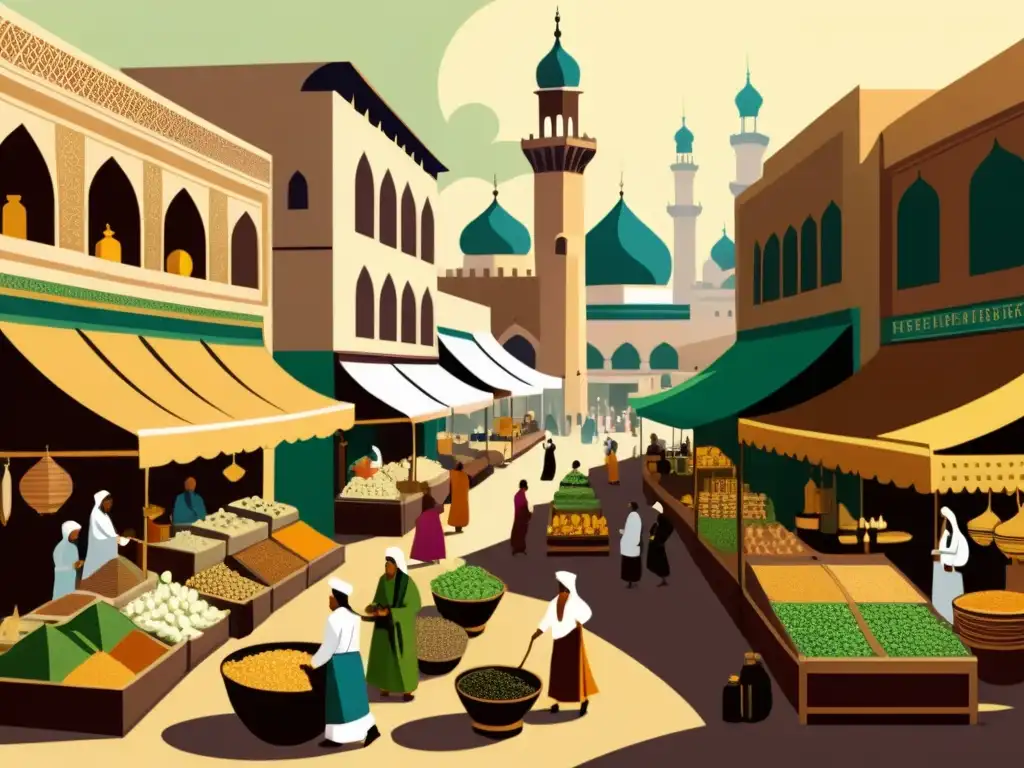 Un vibrante mercado de medicina tradicional islámica en una ciudad histórica del Medio Oriente, evocando la riqueza cultural