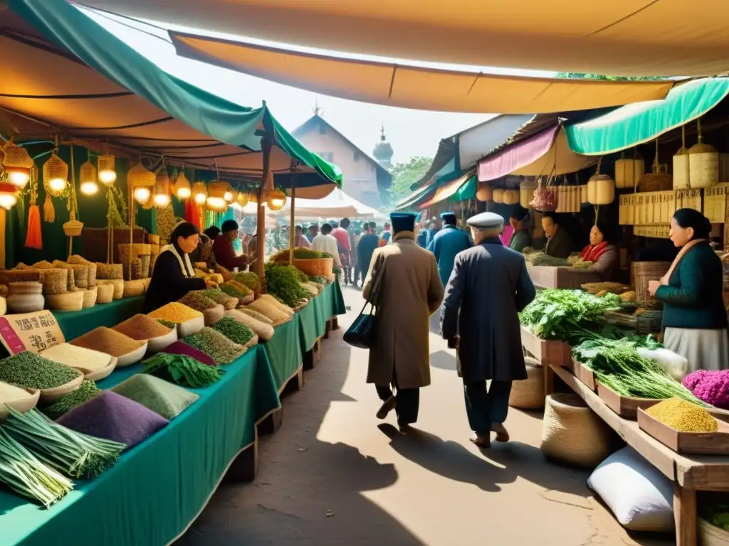 Vibrante mercado de medicina tradicional con vendedores de hierbas y raíces