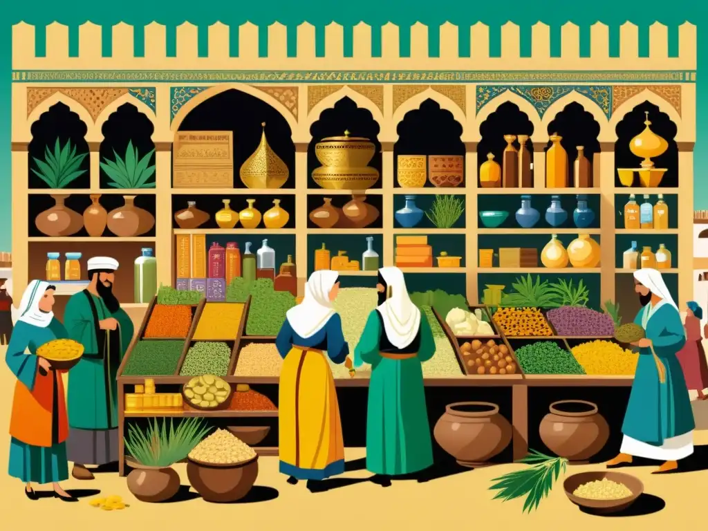 Vibrante mercado medieval andaluz con influencia de medicina tradicional árabe y europea