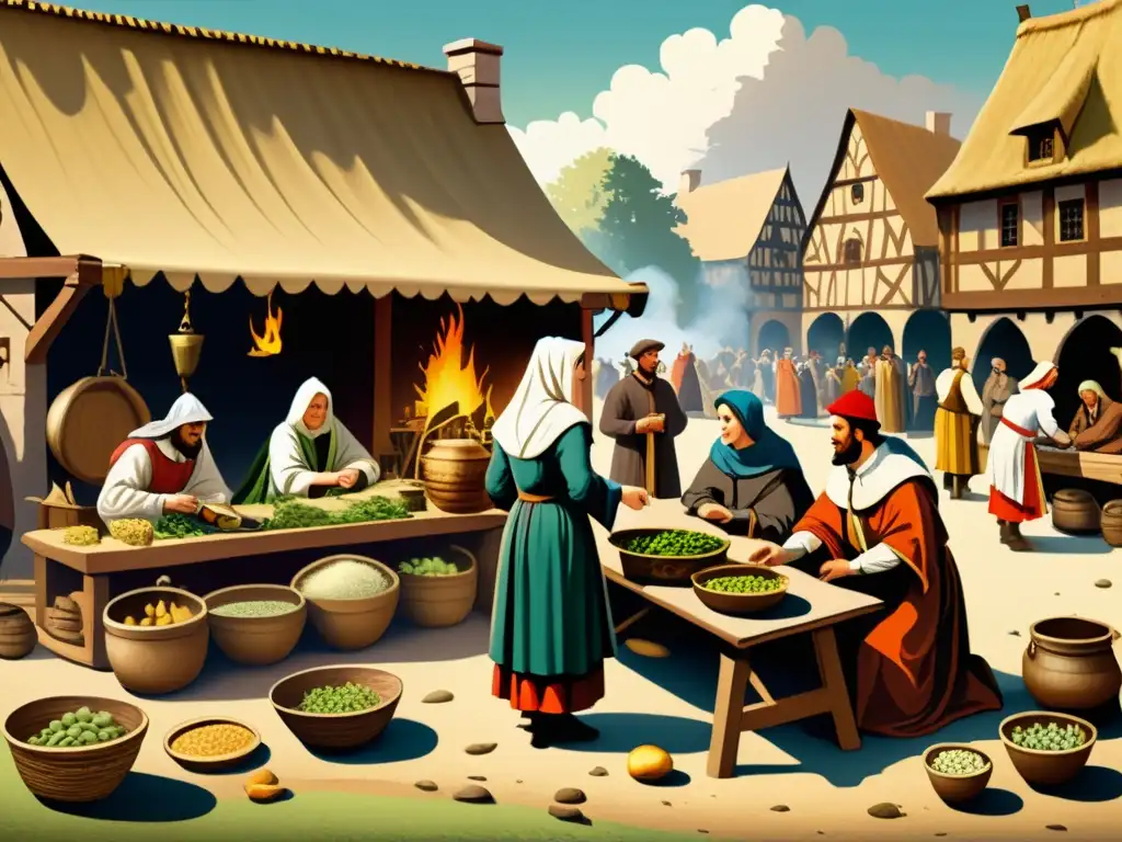 Vibrante mercado medieval en Europa, con curanderos y rituales de medicina popular