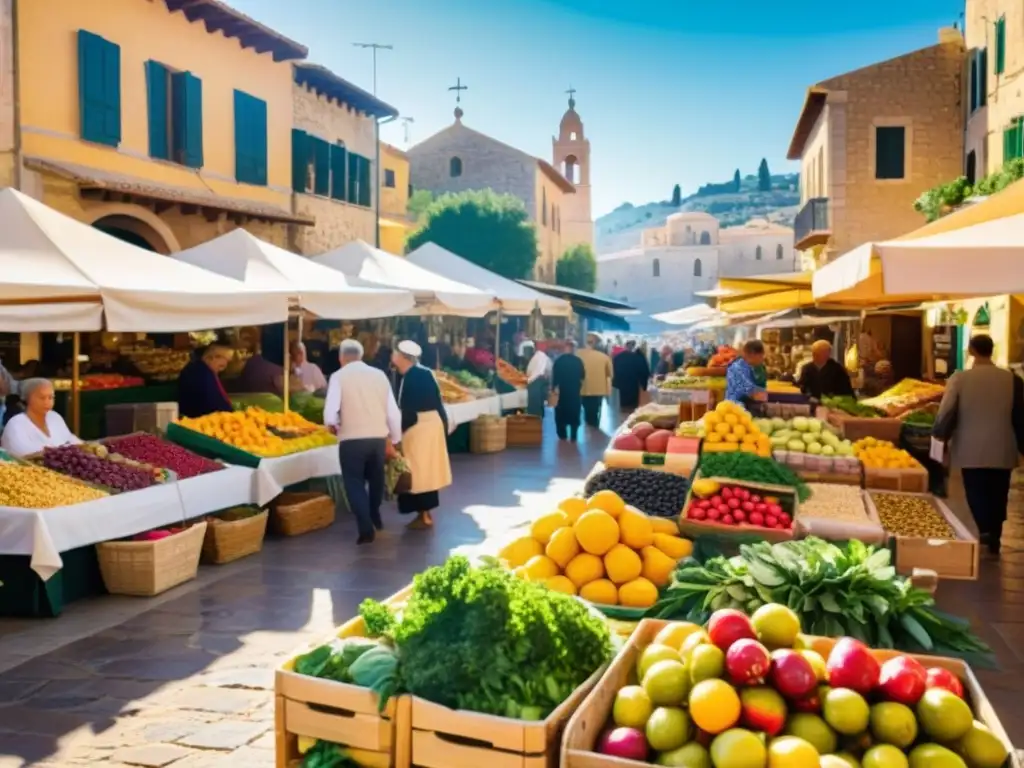 Vibrante mercado mediterráneo con influencia dieta mediterránea salud moderna, frutas, verduras, aceite de oliva y actividades comerciales