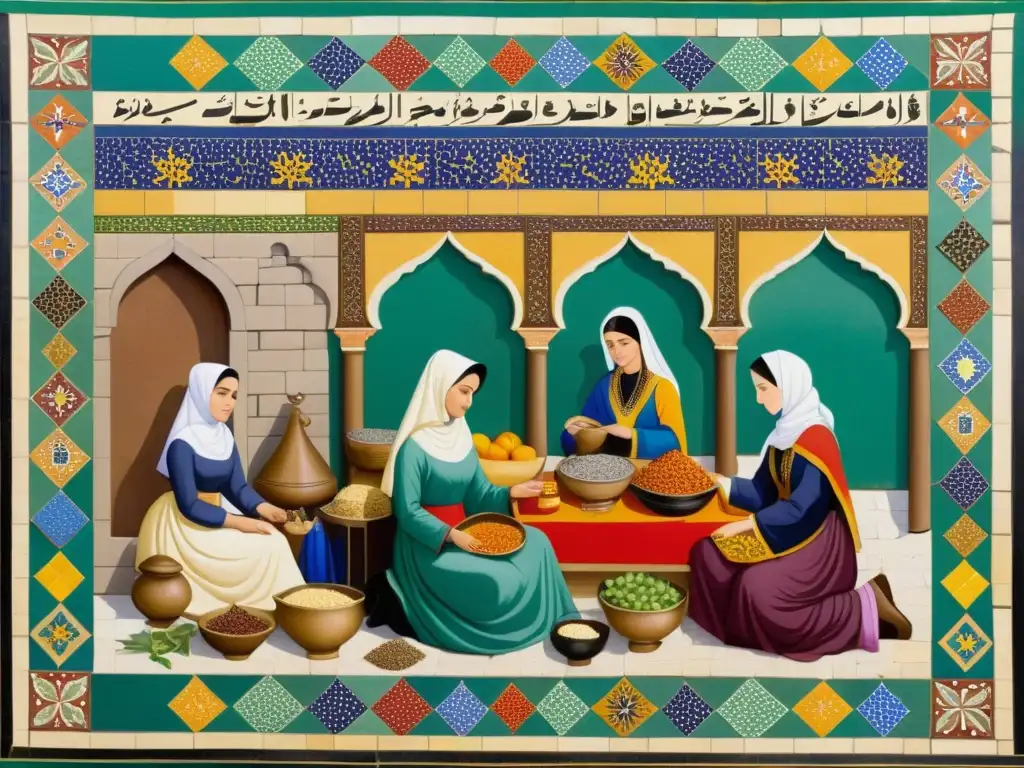 Un vibrante mosaico muestra a mujeres en la medicina islámica, trabajando juntas en un bullicioso mercado medieval lleno de colores y aromas