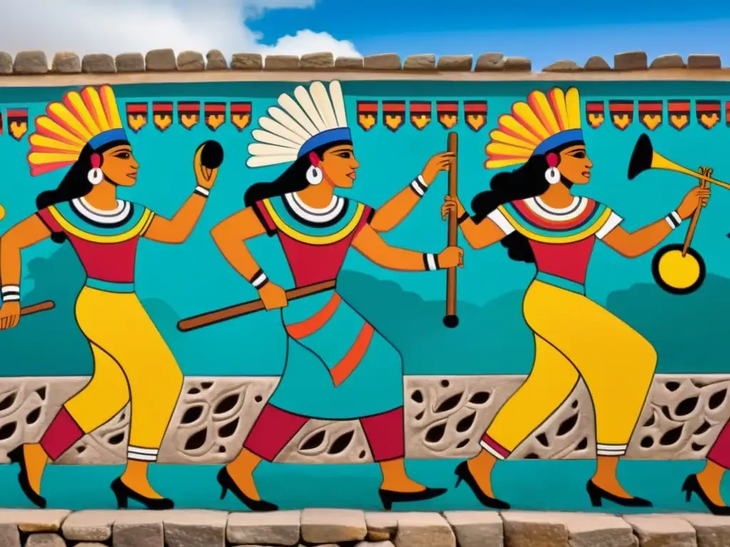 Vibrante mural mesoamericano muestra música, danza y curación en atuendos coloridos bajo el cálido sol