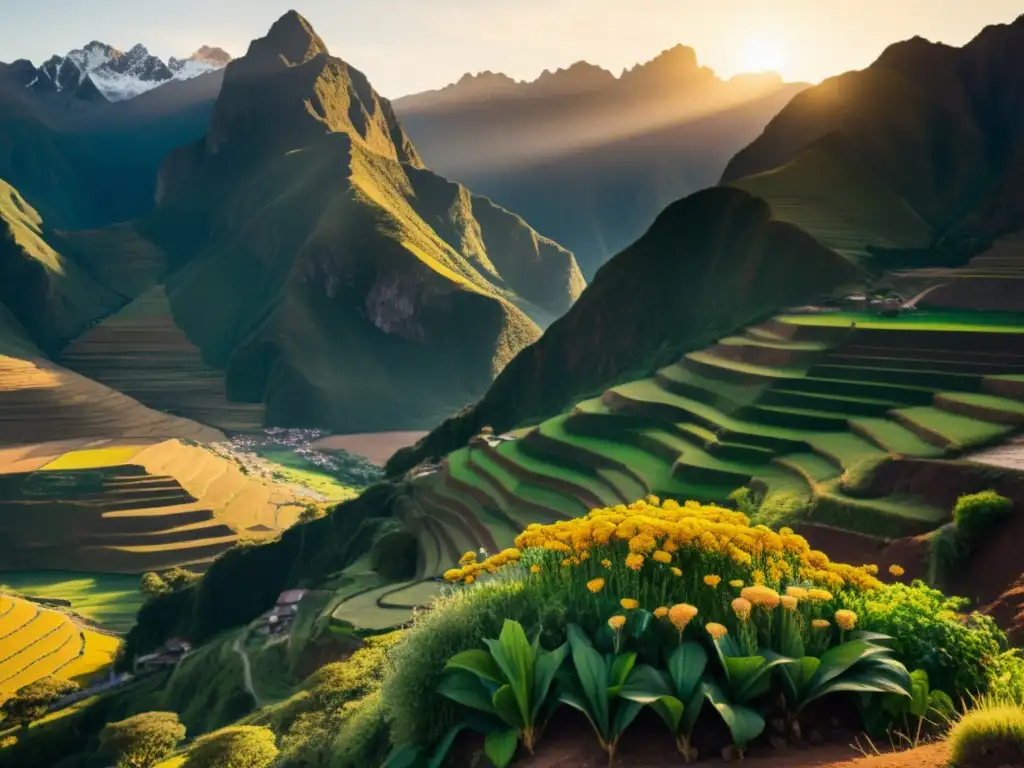 Vibrante paisaje andino con campos de maca en flor