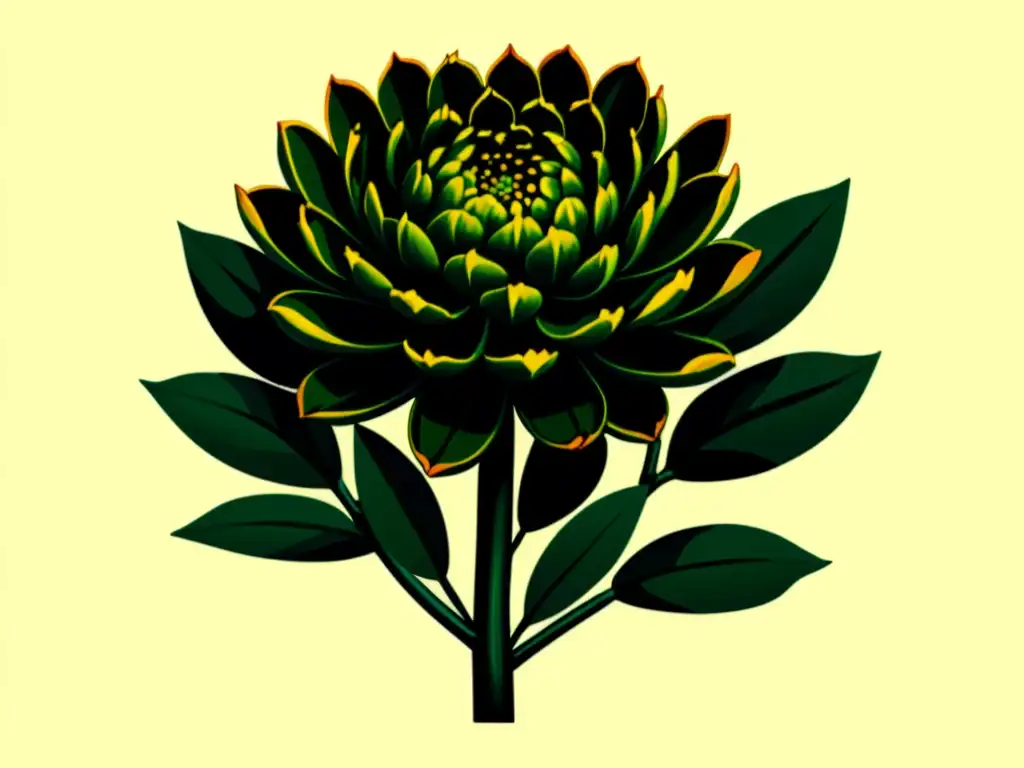 Una ilustración botánica vintage de una vibrante planta de Rhodiola Rosea, con flores amarillas, hojas verdes y un sistema de raíces intrincado