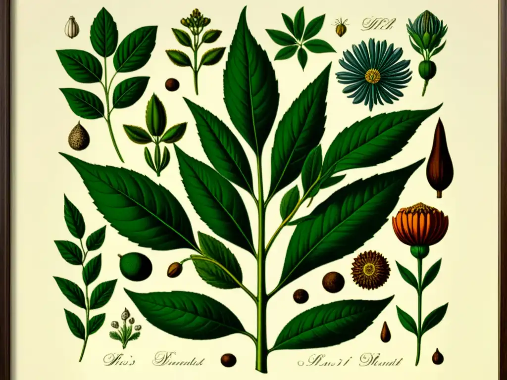 Una ilustración vintage vibrante de una planta medicinal con detalles detallados en tonos terrosos