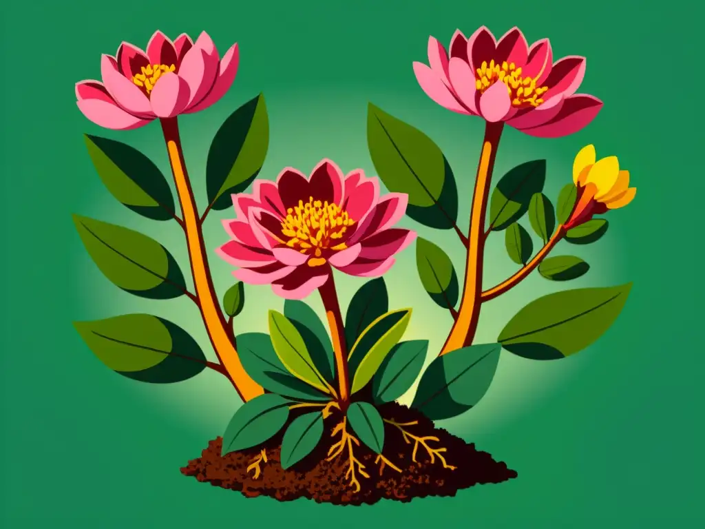 Una ilustración vintage de una vibrante planta de Rhodiola Rosea, con raíces detalladas y flores rosadas y amarillas entre el follaje verde