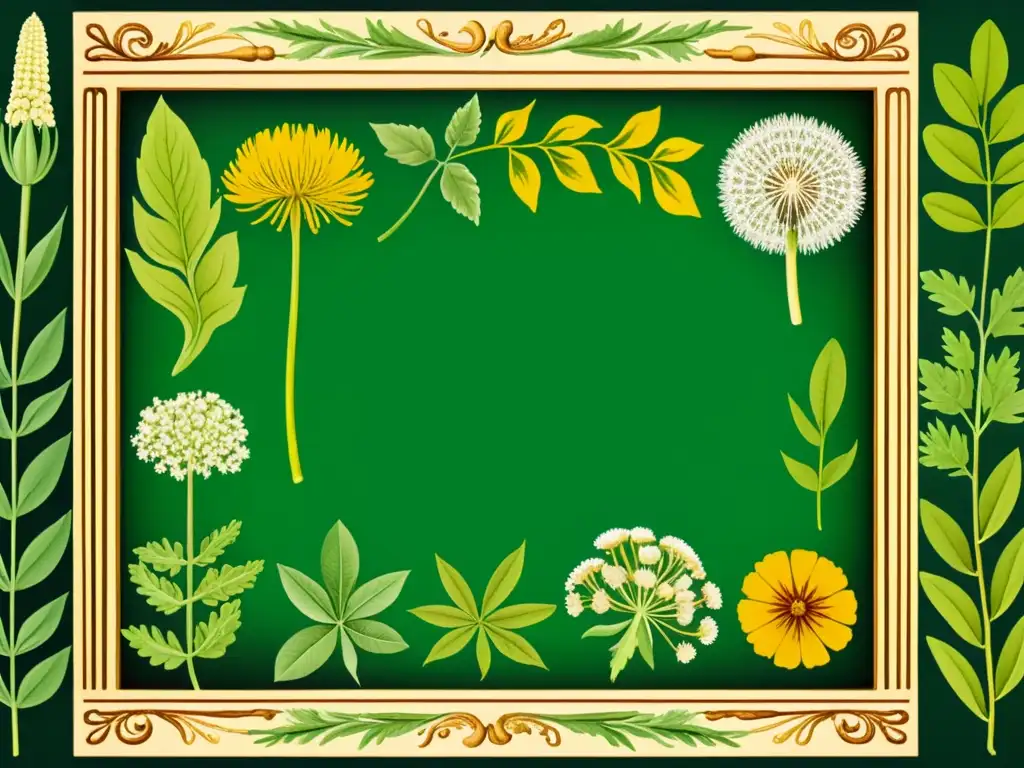 Una ilustración vintage vibrante de plantas purificadoras naturales como diente de león, jengibre, cúrcuma y cilantro en un marco antiguo