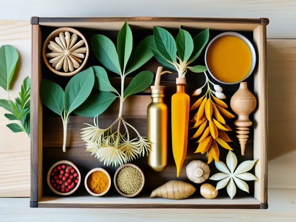 Una ilustración vintage vibrante de diversas raíces medicinales, como ginseng, cúrcuma, jengibre y regaliz, en una caja de madera rústica