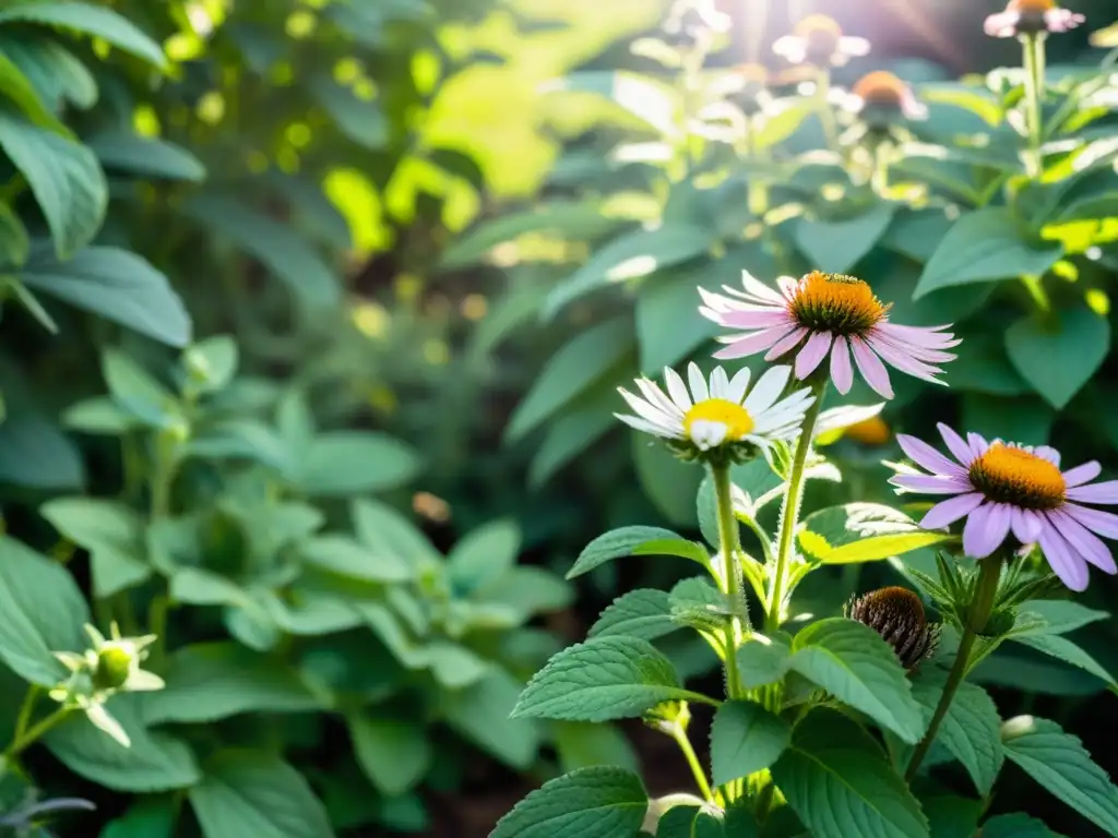 Un jardín herbal vibrante rebosante de vida con plantas medicinales, como lavanda, manzanilla, menta y equinácea