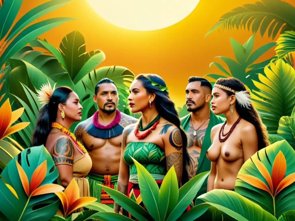 Ilustración vibrante de sanadores maoríes y hawaianos en paisaje tropical exuberante, evocando sabiduría ancestral y abundancia natural