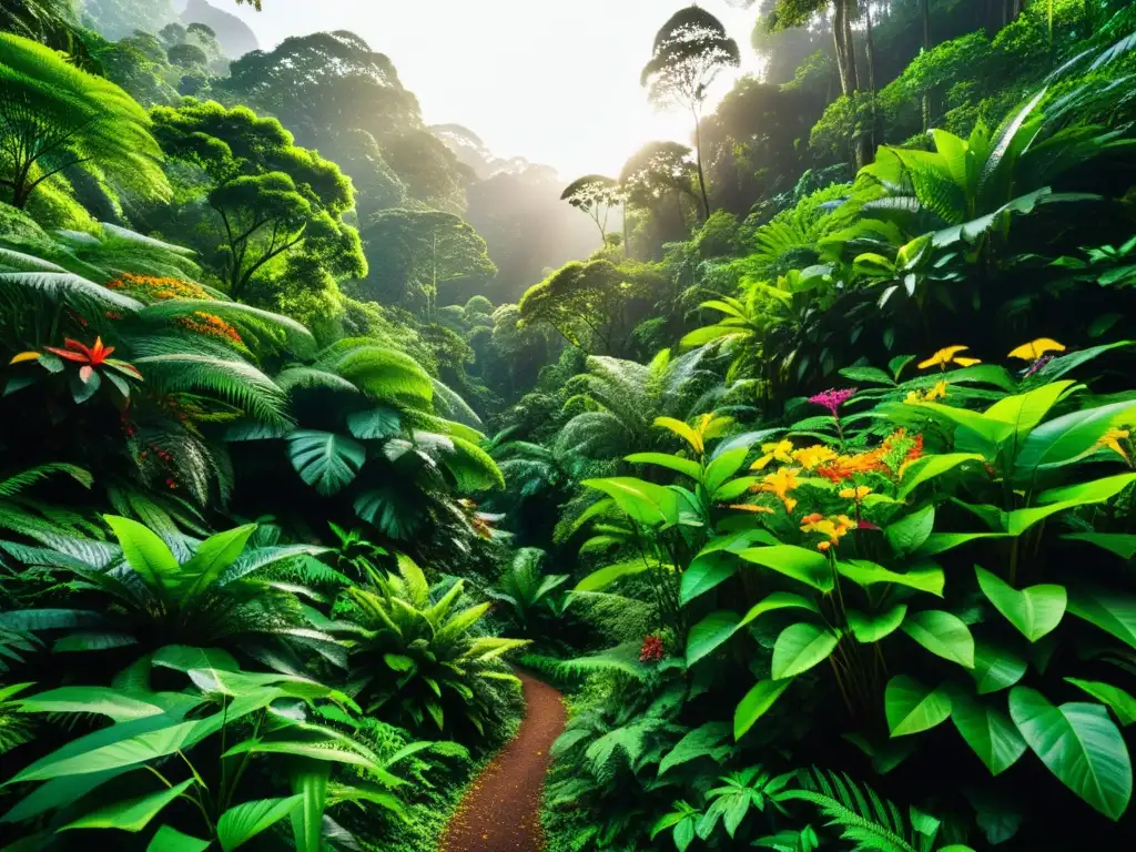 Vibrante selva biodiversa, con rayos de sol entre hojas verdes y flores coloridas