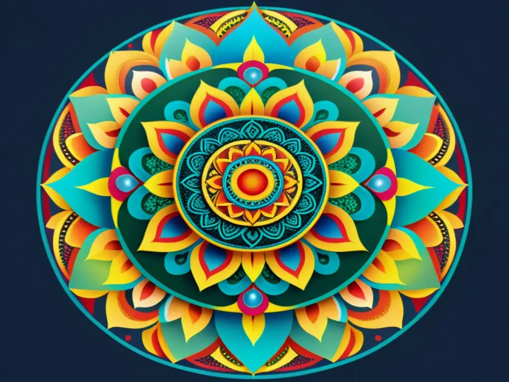 Vibrante mandala con simbolismo de curación espiritual, equilibrio y armonía, sobre fondo sereno natural