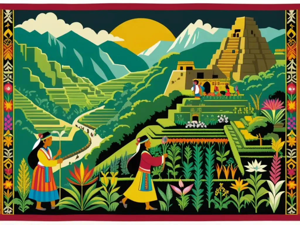 Tejido inca: sanación en la naturaleza Vibrante tapestry Inca muestra fitoterapia en paisaje montañoso