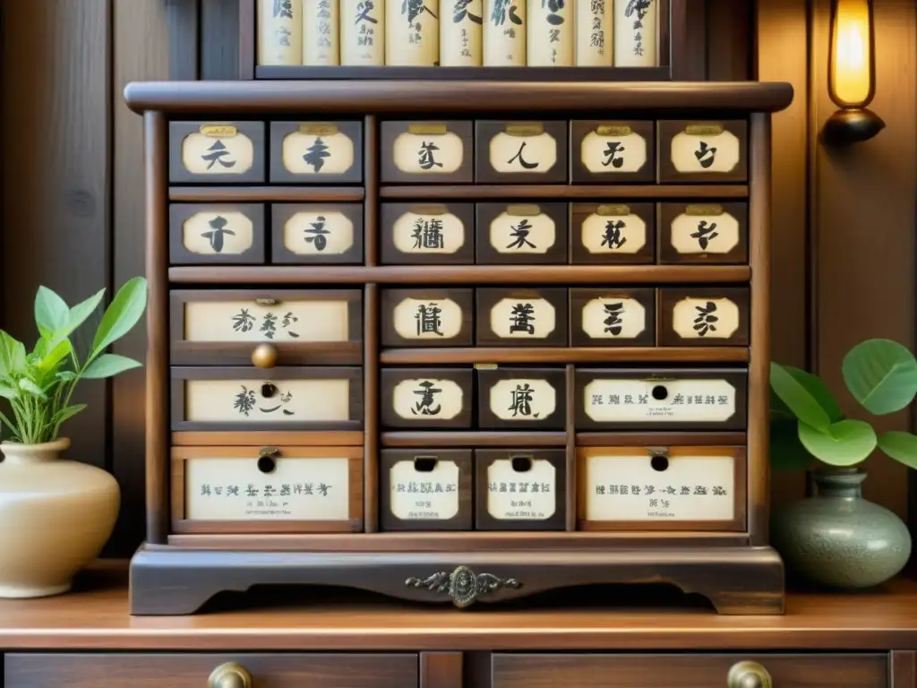 Viejo gabinete de botica japonés Kampo con hierbas medicinales y caligrafía elegante