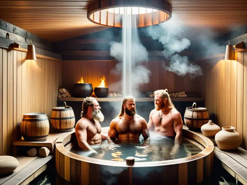 Vikingos en ritual de baños de vapor nórdicos en ilustración vintage