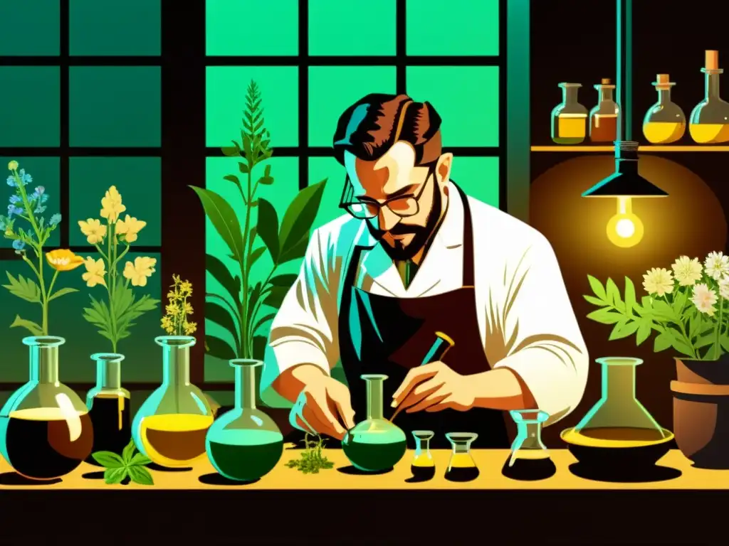 Un ilustración vintage de un alquimista realizando antiguas técnicas de extracción de aceites esenciales en un laboratorio tenue