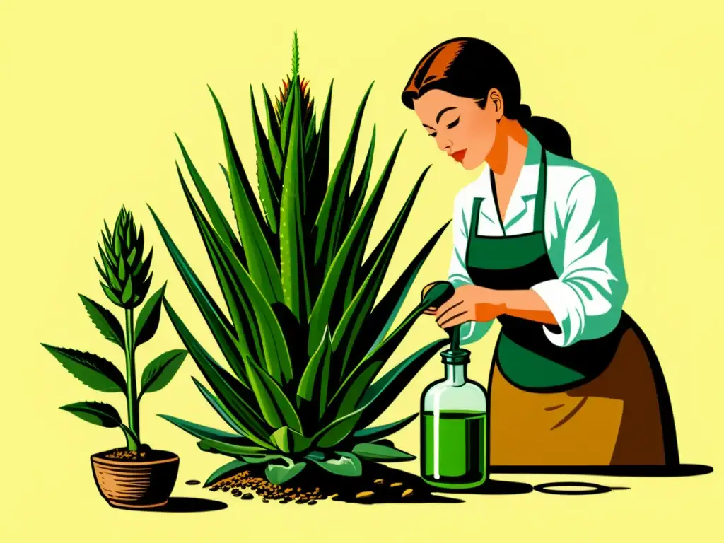 Un ilustración vintage de un botánico extrayendo gel de aloe vera, mostrando detalles de la planta y herramientas