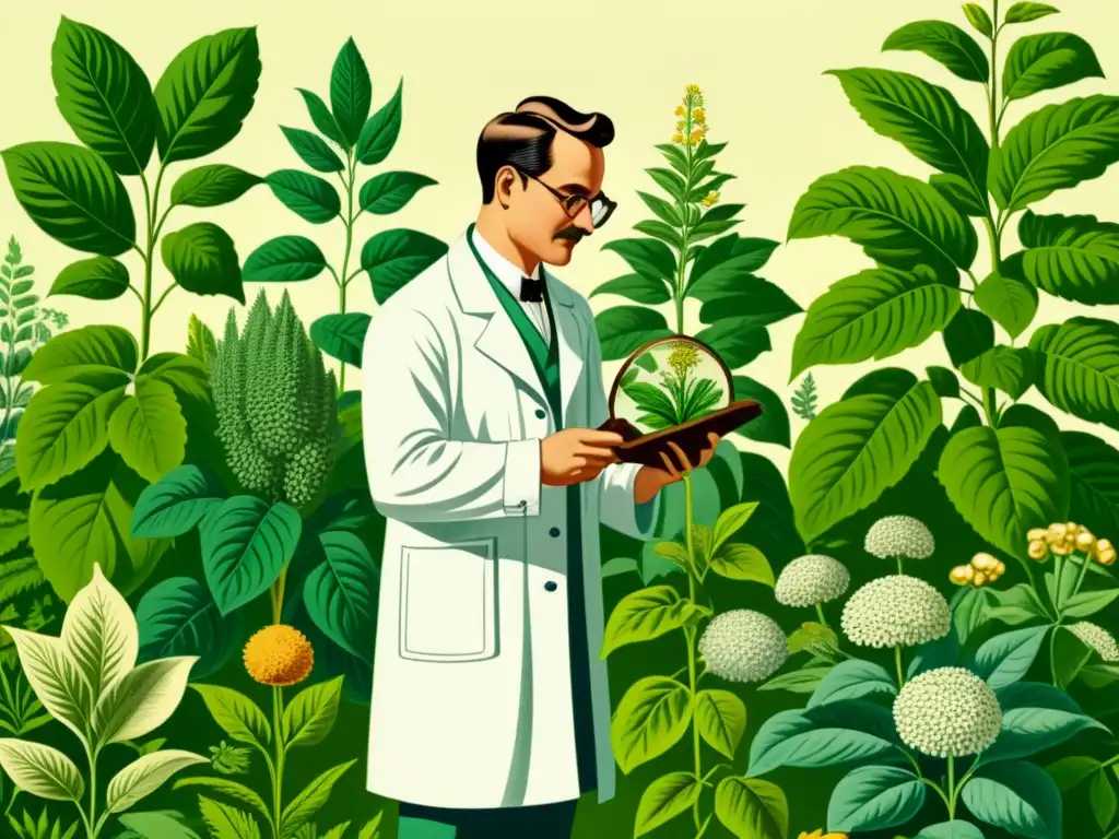 Un ilustración vintage de un botánico examinando plantas medicinales en un jardín exuberante, evocando la sabiduría natural