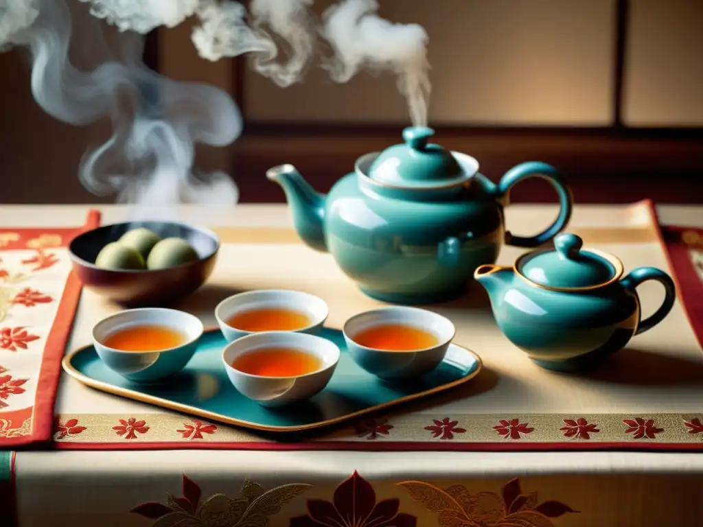 Una ilustración vintage de una ceremonia de té china tradicional, con teteras y tazas ornamentadas, envuelta en una atmósfera de tranquilidad y sabiduría ancestral