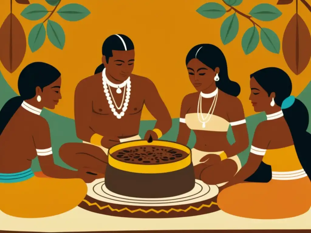 Una ilustración vintage de una ceremonia maya del cacao, con preparación y consumo ceremonial