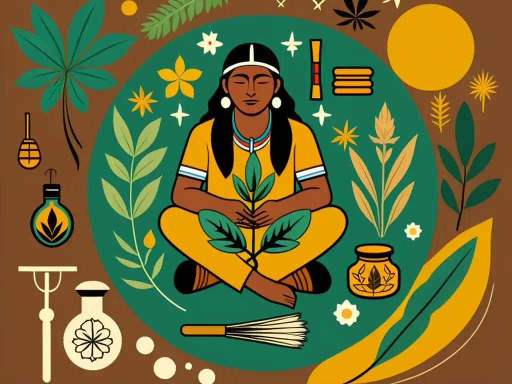 Un ilustración vintage de un chamán nativo americano recolectando hierbas y plantas para crear aceites esenciales, rodeado de herramientas medicinales tradicionales y símbolos