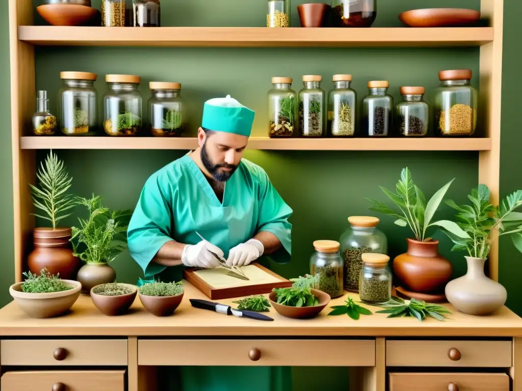 Galen en una ilustración vintage realizando una cirugía rodeado de plantas medicinales, contribuciones de Galeno a la cirugía