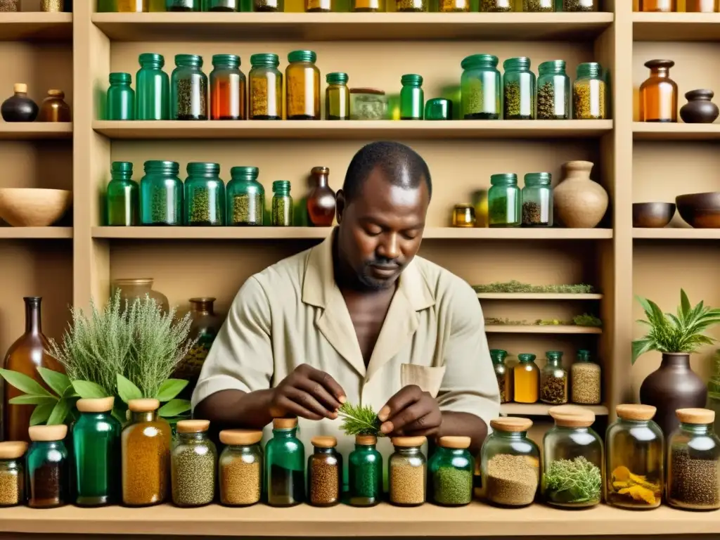 Un ilustración vintage de un curandero africano seleccionando hierbas para remedios tradicionales