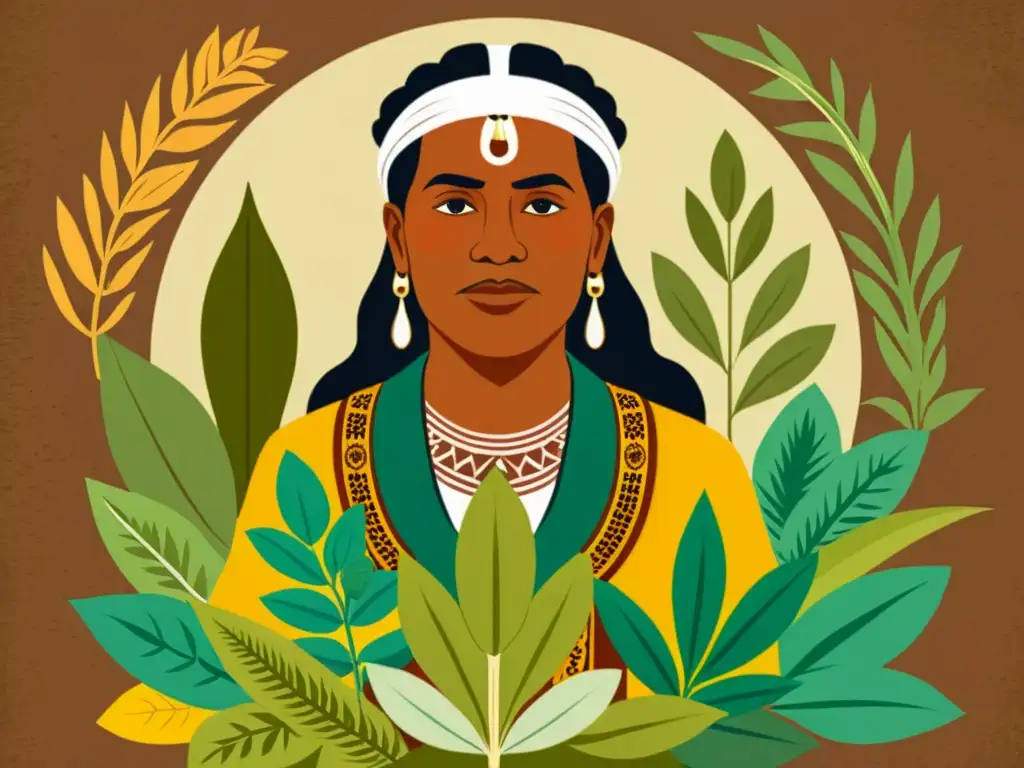 Un ilustración vintage de un curandero de una comunidad nativa rodeado de hierbas y plantas, evocando la incorporación de la Medicina Nativa