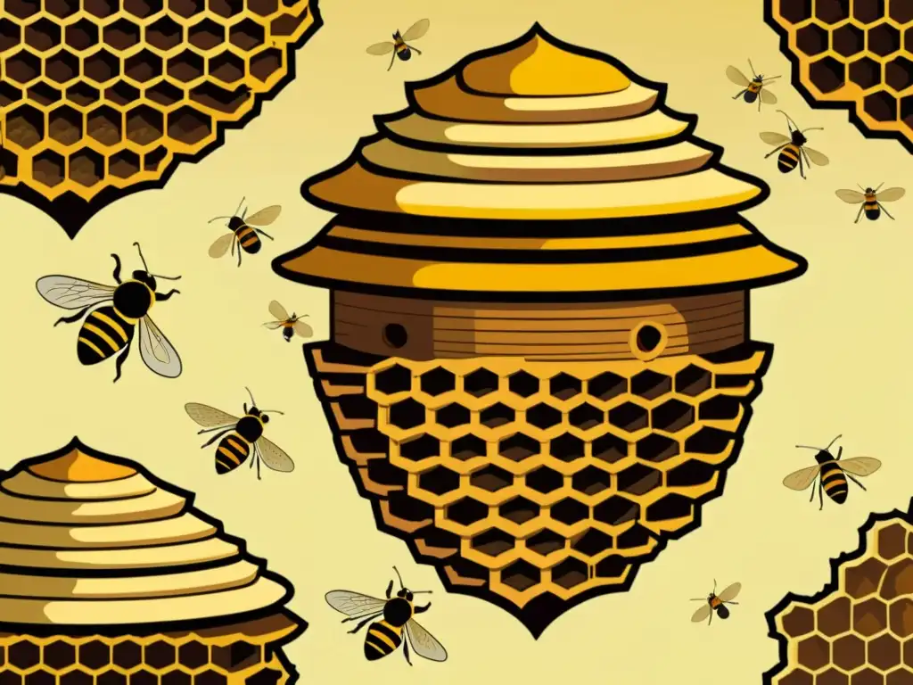 Una ilustración vintage detallada de una colmena activa, con abejas en movimiento y tonos cálidos evocando la belleza natural