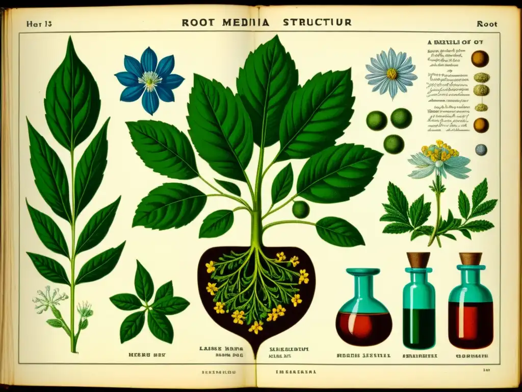 Una ilustración vintage detallada de una hierba medicinal, rodeada de instrumentos científicos, evocando precisión científica y significado histórico