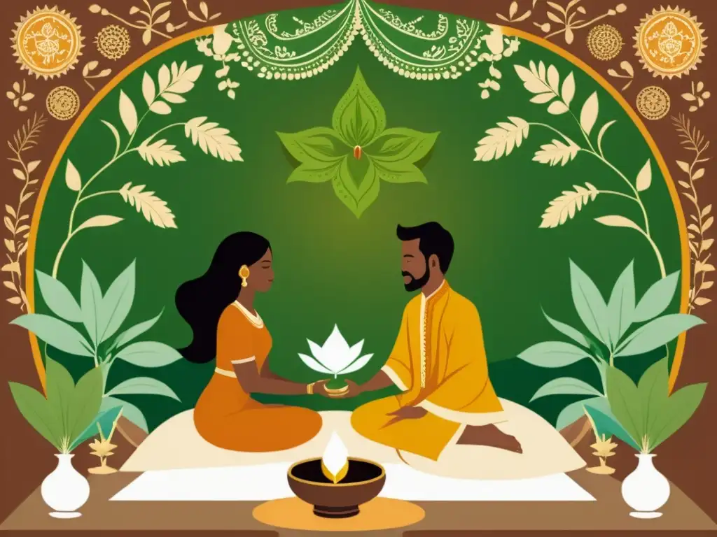 Una ilustración vintage detallada de una pareja realizando un ritual íntimo de Ayurveda, transmitiendo armonía y conexión