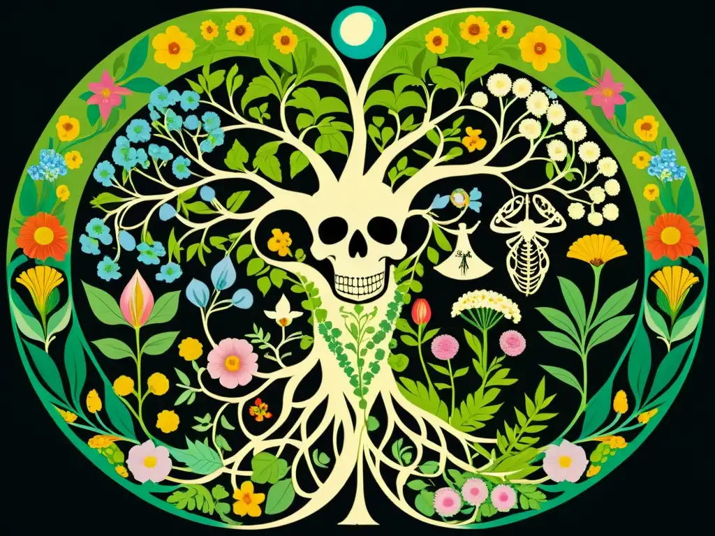 Armonía vida-muerte en ilustración vintage Una ilustración vintage detallada que representa la perspectiva Ayurvédica sobre la muerte y la vida, con flora exuberante y figuras esqueléticas delicadas