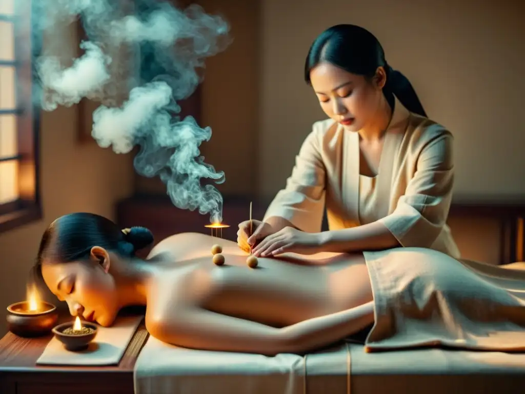 Un ilustración vintage detallada en 8k muestra una sesión de acupuntura china tradicional, resaltando la relación entre medicina alternativa y sabiduría tradicional