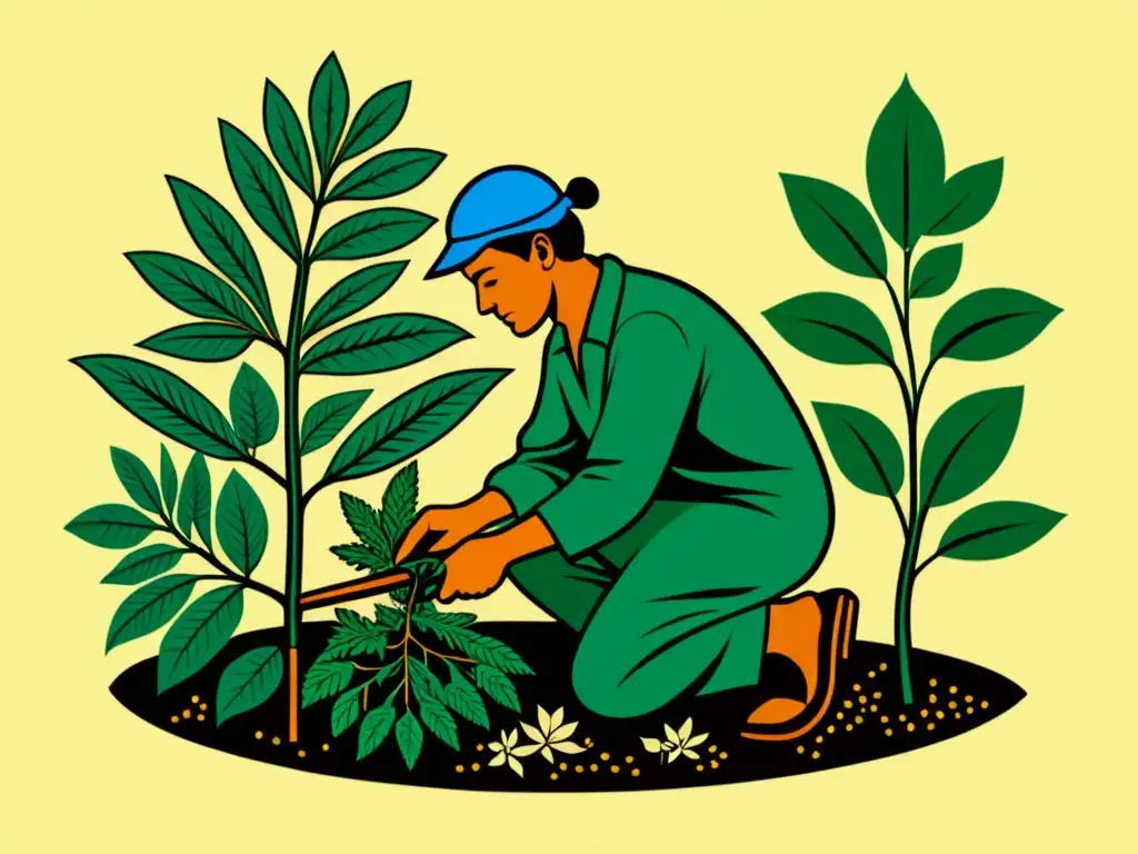 Un ilustración vintage de un experto jardinero podando una planta medicinal, destacando técnicas de poda para plantas medicinales