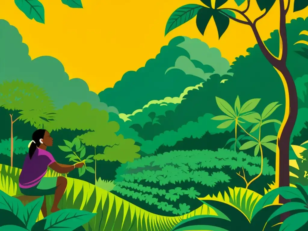 Un ilustración vintage del exuberante bosque amazónico, con plantas medicinales indígenas como açaí, camu camu y ayahuasca