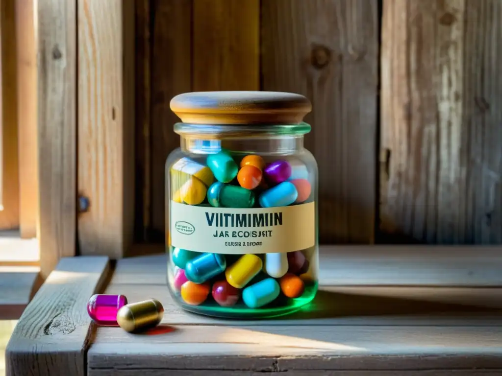 Vintage frasco de farmacia lleno de cápsulas de vitaminas y minerales, sobre madera envejecida