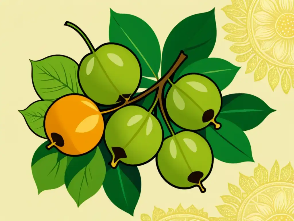 Una ilustración vintage de las tres frutas conectadas que componen el Triphala, exudando sabiduría ancestral y curación natural